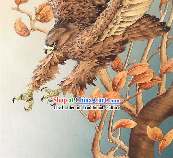 Chinese Classic Large Hand Carved Wood House Solid Decorative Painting-Hawk in the Wind