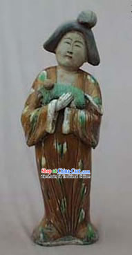 Large Chinese Tang San Cai Statue _Tri-colour Glazed Pottery_-Tang Dynasty Lady with A Puppy