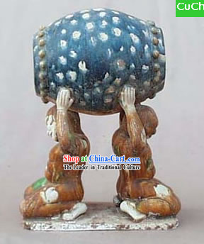 Chinese Classic Archaized Tang San Cai Statue-Men Holding up Drum