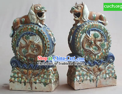 Chinese Classic Archaized Tang San Cai Statue-Pair of Foo Dog Frusta