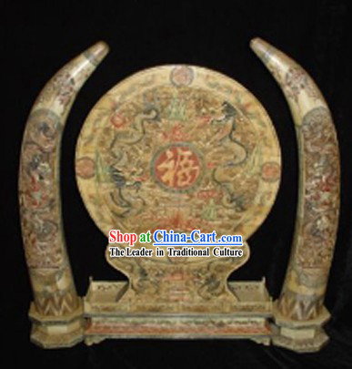 Chinese Classic Ox Bone Handicraft Sculpture Statue-Five Dragons Folding Screen