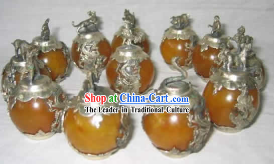 Chinese Classic Palace Silver Amber Sheng Xiao Twelve Animals