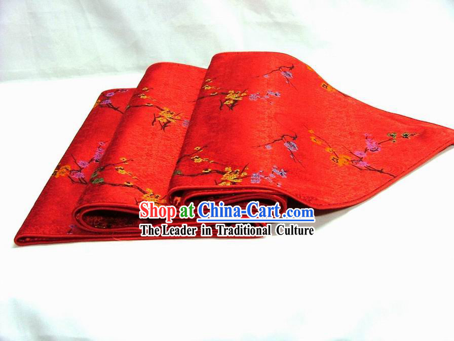 Chinese Handmade Silk Red Plum Blossom Table Banner