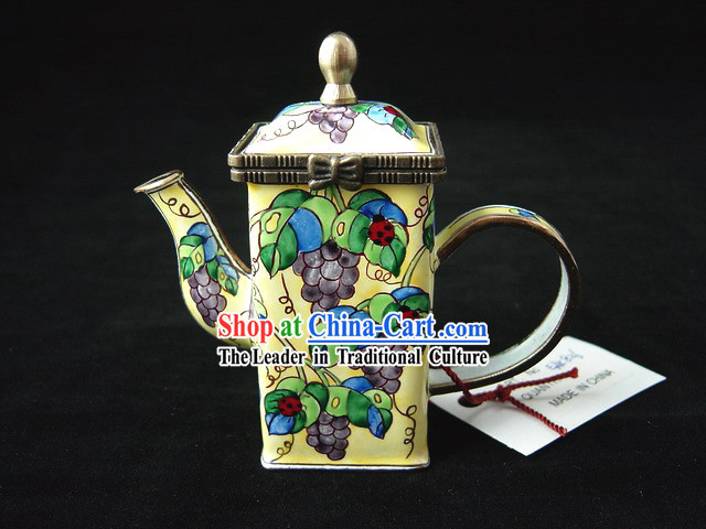 Chinese Hand Painted Enamel Kettle-Ladybird Beetle on Grape Branches and Leaves