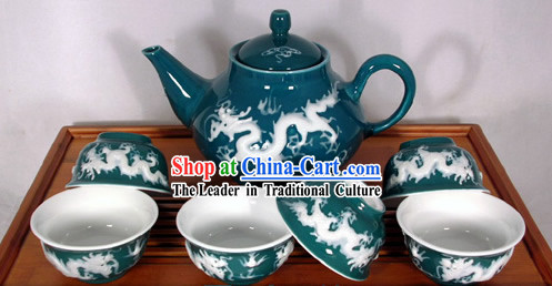 Chinese Jingde Basso Relievo Porcelain Double Draongs Playing Ball Tea Set
