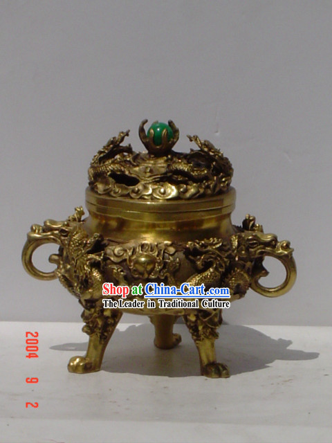 Chinese Classic Brass Statue-Ancient Palace Nine Dragons Censer