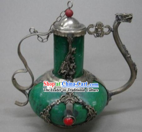 Chinese Ancient Palace Style Green Jade and Silver Kettle