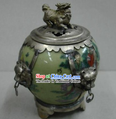 Chinese Qiao Niang Jade and Silver Censer