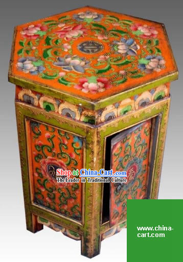 Chinese Palace Yellow Coloured Painting Storage Cabinet and Stool