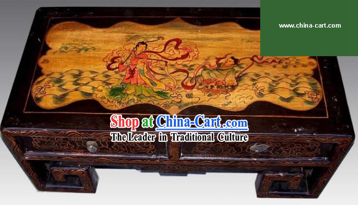 Chinese Black Coloured Painting Double Drawers Table