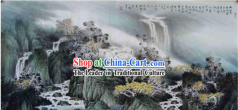 Large Traditional Chinese Painting by Mo Gaoquan-Rainy Waterfall