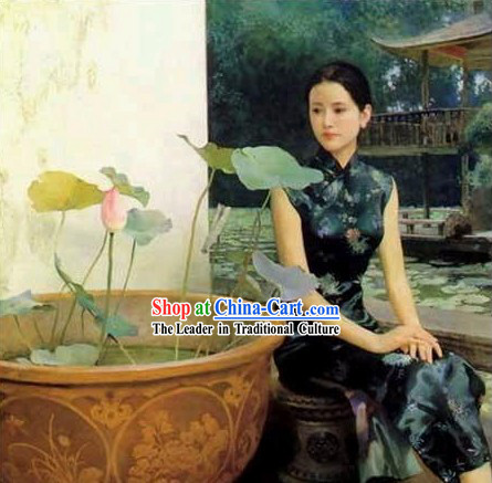 Chinese Oil Painting-Woman Besides Lotus