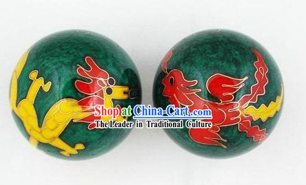 Chinese Body-Building Cloisonne Dragon and Phoenix Balls