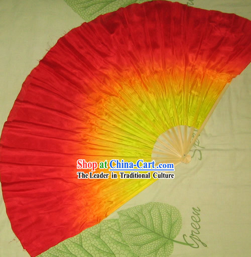 Supreme Bamboo Handle Chinese Traditional Silk Dance Fan _yellow to red color transition_
