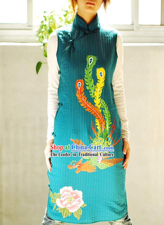 Classical Sky Blue Phoenix Tail Silk Cheongsam