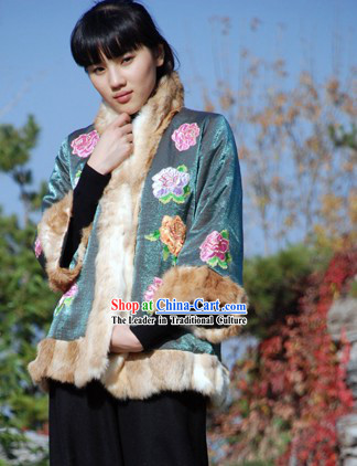 Chinese Traditional Mandarin Handmade Rabbit Fur Long Peony Blouse