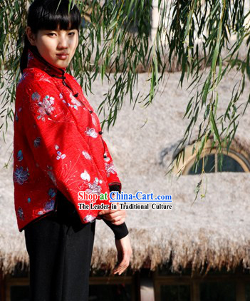 Chinese Traditional Mandarin Lucky Red Flowery Blouse