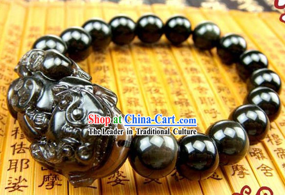 Kai Guang Feng Shui Chinese Obsidian Pi Xiu Bracelet for Men _getting off evil_