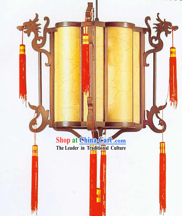 Chinese Hand Made Carved Wooden Plain Double Dragons Ceiling Lantern