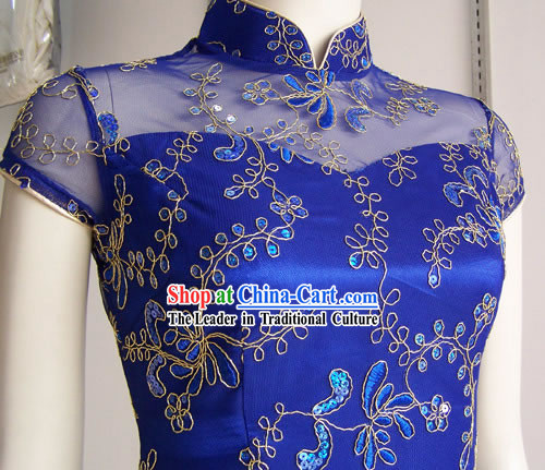 Stunning Hand Made Mandarin Gold Floral Blue Cheongsam _Qipao_