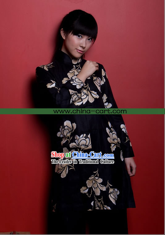 Chinese Cool Mandarin Chrysanthemum Pattern Black Flax Blouse