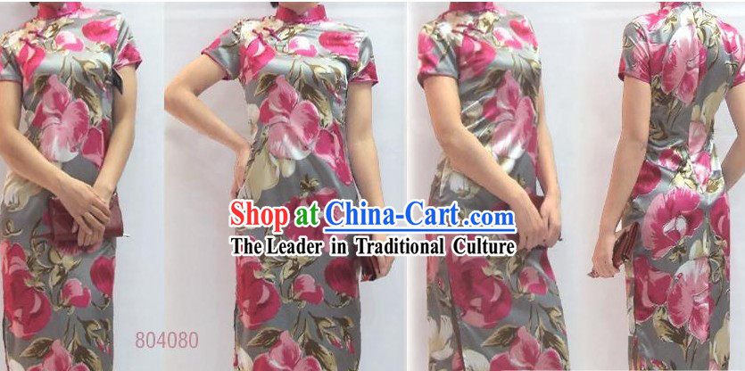 Chinese Classical Pink Floral Silk Cheongsam _Qipao_