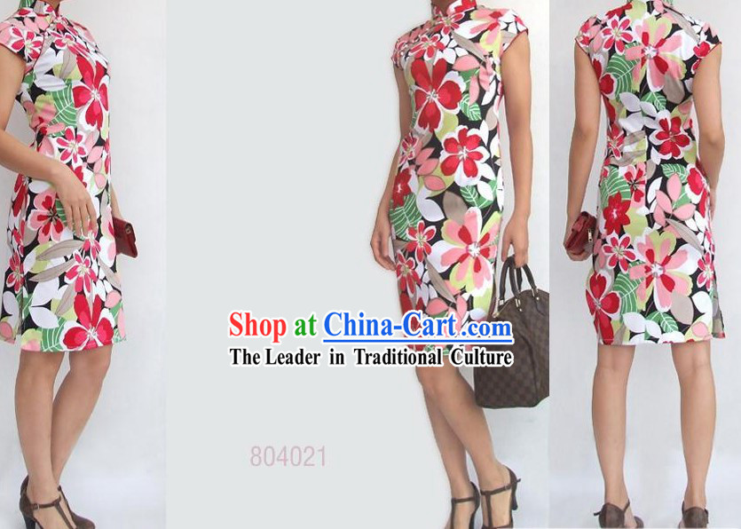 Chinese Mandarin Colorful Flower Cotton Cheongsam _Qipao_