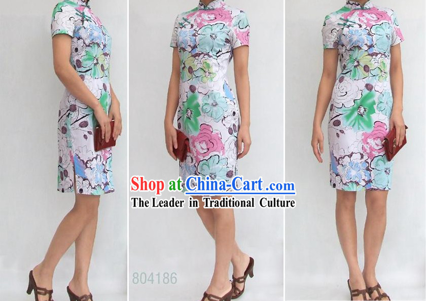 Chinese Stunning Three Colors Flower Cotton Cheongsam _Qipao_