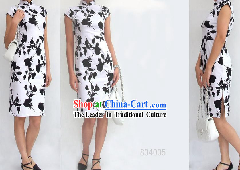 Chinese Traditional White and Black Cotton Cheongsam _Qipao_