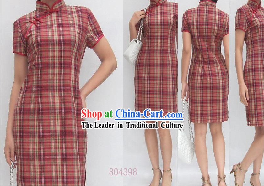 Chinese Traditional Mandarin Academism Cotton Cheongsam - Red Grid