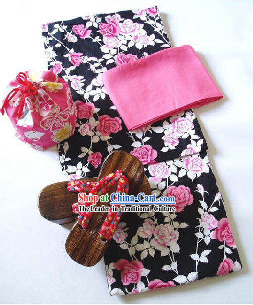 Traditional Japanese China Rose Kimono Handbag and Geta Full Set