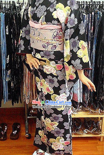 Traditional Japanese Peony Kimono and Belt Full Set