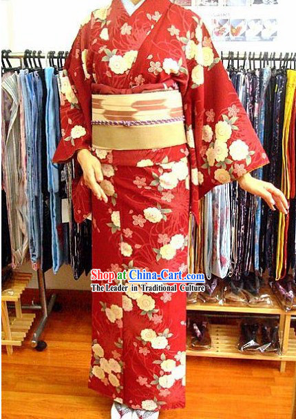 Traditional Japanese Lucky Red Floral Blue Kimono and Belt Complete Set