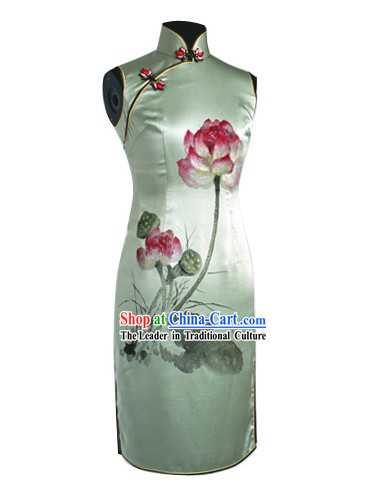 Traditional Hands Painted Lotus Silk Cheongsam