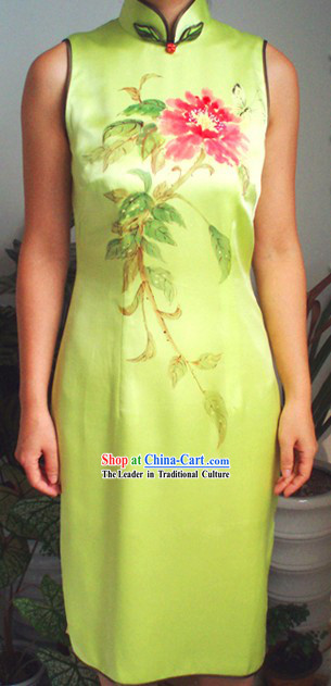 Traditional Mandarin Handmade and Painted Peony and Butterfly Silk Cheongsam