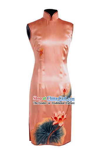 Traditional Mandarin Handmade and Painted Lotus and Dragonfly Silk Cheongsam