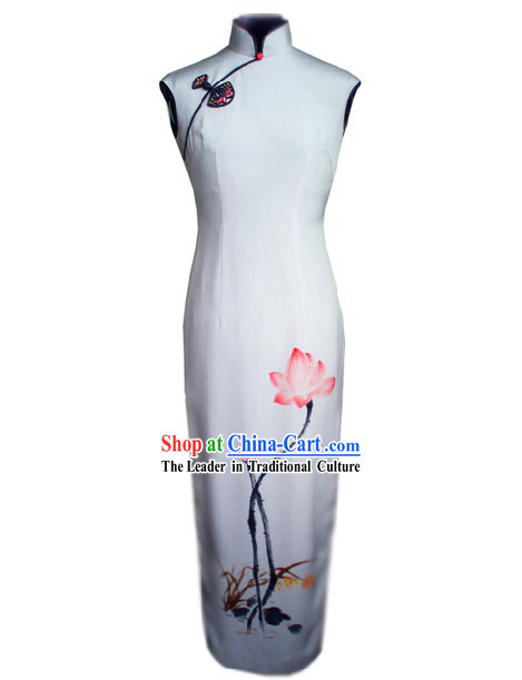 Traditional Handmade and Painted Summer Lotus Long Silk Cheongsam