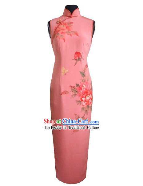 Traditional Handmade and Painted Large Peony Long Silk Cheongsam