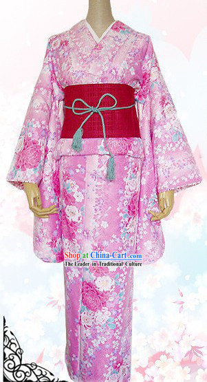 Japanese Kimono Dress, Belt, Geta and Handbag Complete Set