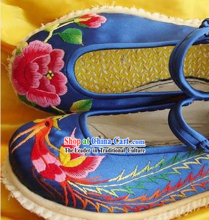 Chinese Hand Made and Embroidery Phoenix Peony Shoes