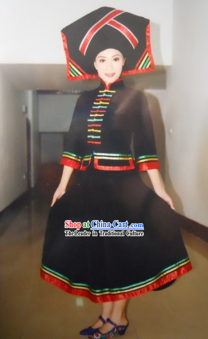 Chinese Traditional Zhuang Minority Clothing and Hat Complete Set