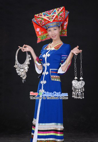 Chinese Traditional Minority Long Dress and Hat Complete Set