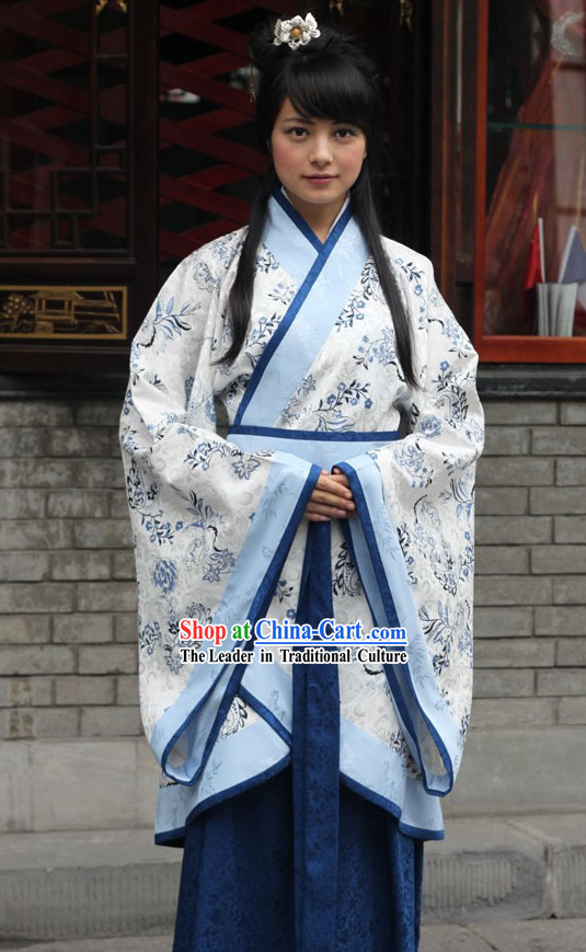 Ancient Chinese Blue Flower Princess Clothing Complete Set