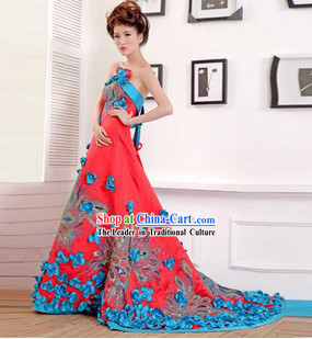 Traditional Chinese Blue Phoenix Wedding Skirt for Brides