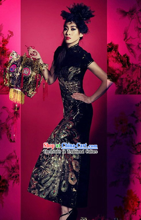 Traditional Chinese Black Phoenix Cheongsam