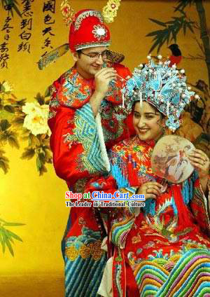 Ancient Chinese Wedding Dresses and Hats 2 Sets for Bride and Bridegroom
