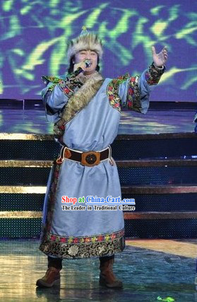 Chinese Mongolian Men Singer Clothing and Hat Set