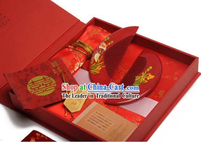 Chinese Carpenter Tan Dragon and Phoenix Combs Wedding Gift Package