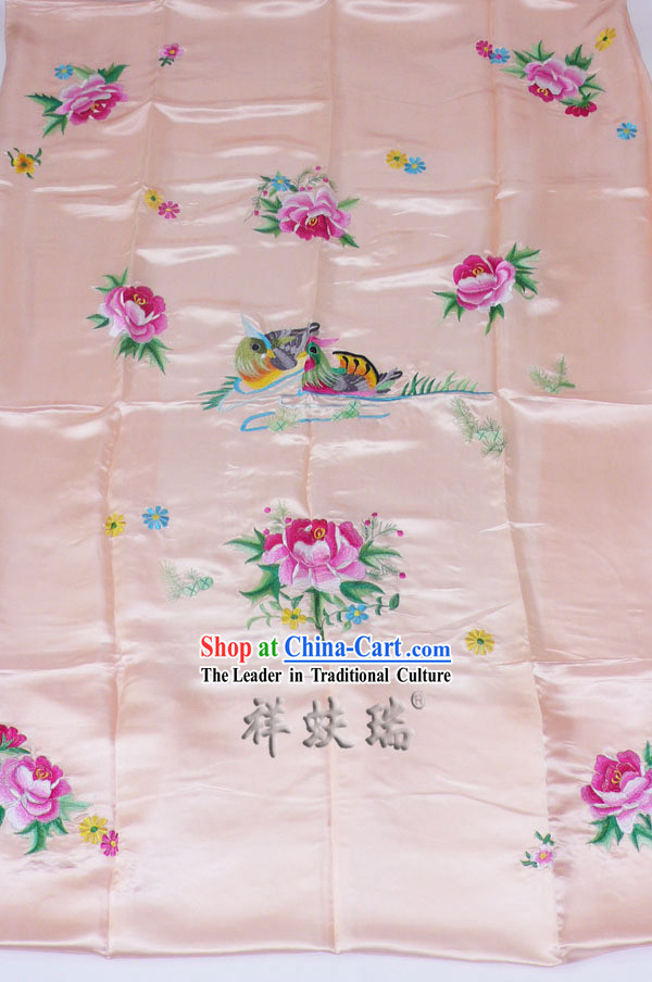 Beijing Rui Fu Xiang Silk Pink Embroidered Wedding Bedcover Set