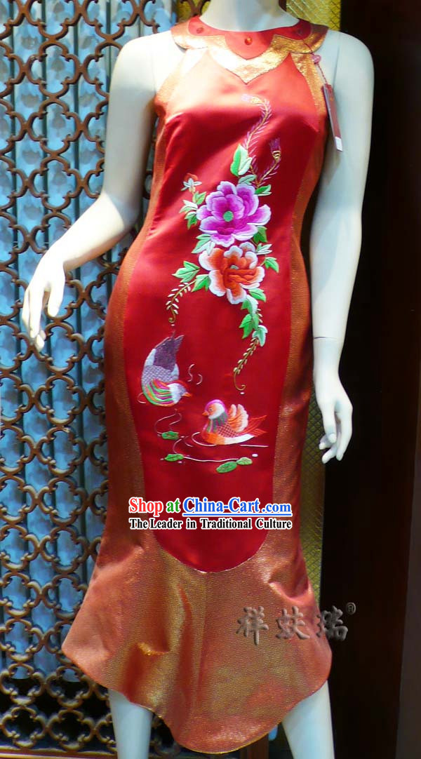 Beijing Rui Fu Xiang Silk Red Hand Embroidered Cheongsam for Women